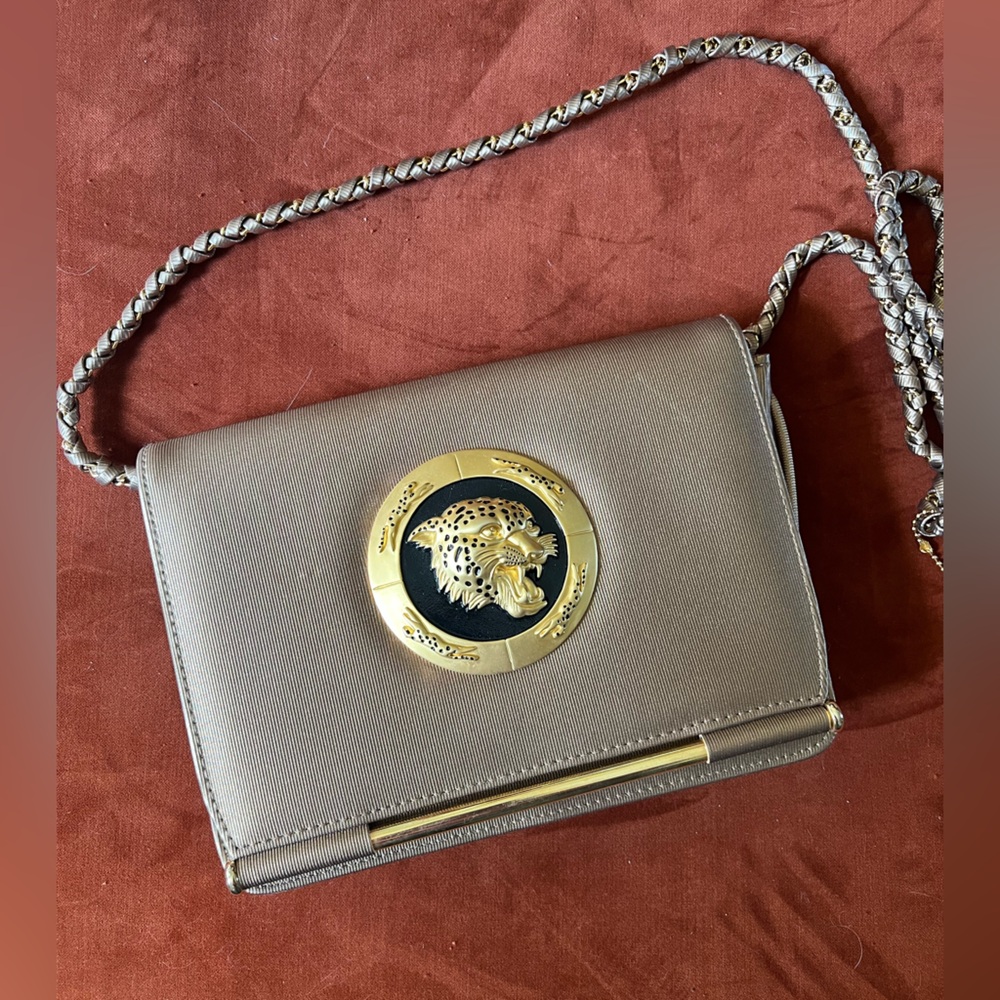 Vintage 90s Nima Golden Taupe Bronze Crossbody Bag with Leopard Face New Unworn